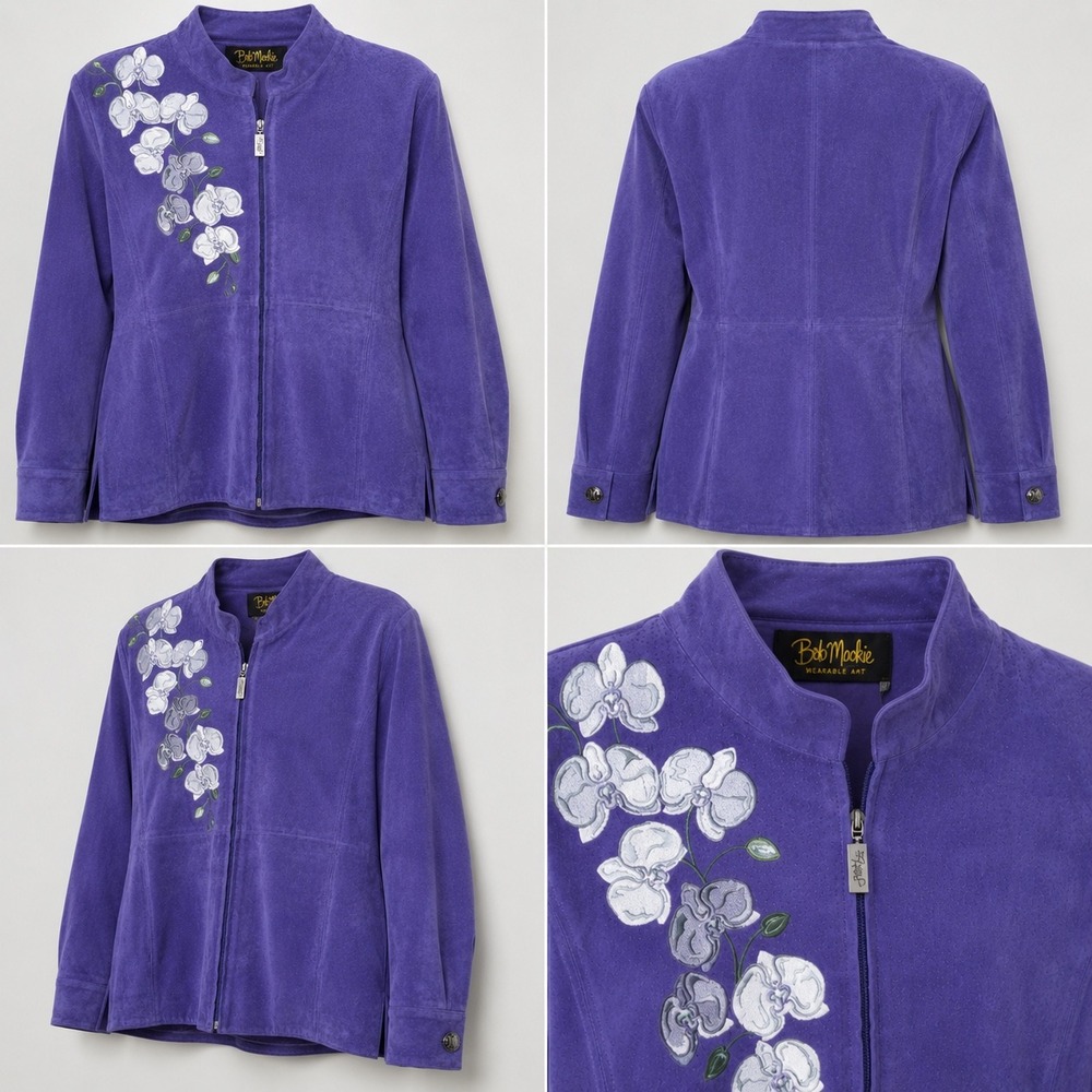 Bob Mackie Wearable Art Purple Leather Jacket L Embroidered Orchid Floral Zip
